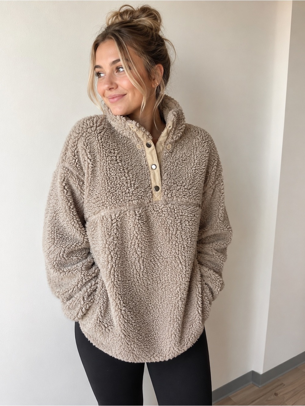 Coffee Shop New York Teddy Sherpa Snap Pullover Sweater XL Beige Cozy Fleece